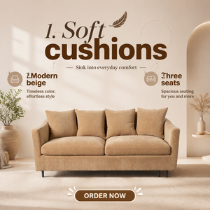 Divano Sezionale Moderno in Tessuto Similpelle <span class=keywords><strong>Beige</strong></span> a 3 Posti con Cuscini Morbidi per Appartamento, Soggiorno, Hotel, Villa e Uso Commerciale - Product Image 2