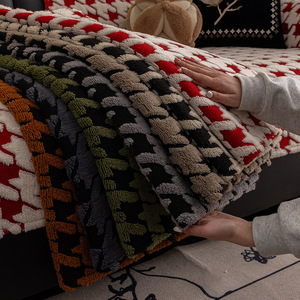 Houndstooth Plush <b>Sofa</b> Cushion 145-185Cm Winter Thickened Seat Pad Non Slip <b>Cover</b> <b>For</b> Living Room - Product Image 4