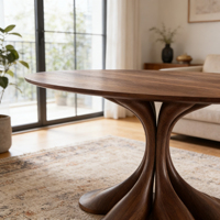 Table à manger ovale moderne Wabi-Sabi avec plateau en placage de bois et base sculpturale en fibre de verre pour les salles à manger contemporaines