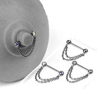DFARS conforme titane Double chaîne balancent avec sans fil et lunette fixe ensemble gemme CZ mamelon barre haltère Piercing bijoux