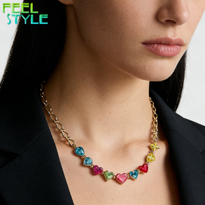 Collar de Clavícula con Cuentas de Zirconia en Forma de Corazón, Color Fresco, Chapado en Oro Grueso PVD, Temática de Amor, Personalizado, Acero Inoxidable 316 - Product Image 1