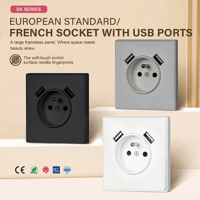 Wall Socket For Bulb Single French 2P+T Socket With Double USB Type A Ports EU Standard Fingerprint-proof Power Sockets