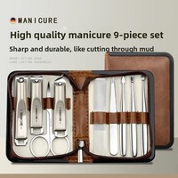 Set de Manicura Profesional 9 en 1, Cortaúñas de Acero Inoxidable, Kit de Pedicura, Herramientas de Cuidado Personal con Punta Inclinada, Estuche con Cierre para Hombres y Mujeres