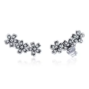 Pendientes de plata de ley 925 auténtica para mujer, joyería apilable con Margarita, Floral, flor de circonita transparente, regalo de fiesta SCE419