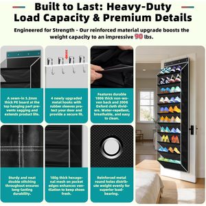 Over Door <b>Shoe</b> Organizer 20 Pairs Black Fabric Storage Rack With <b>Hooks</b> For Behind Door Wall Mount Use - Product Image 3
