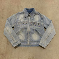 Veste en fourrure streetwear d'hiver pour homme, fabriquée sur mesure, en denim délavé à l'acide, ample, brodée de strass, motif dessin animé