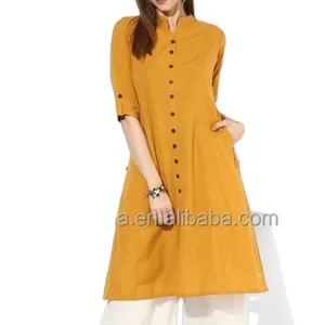 Mustard Yellow Custom Clothing Lady Cotton Kurti Designs hsk2072