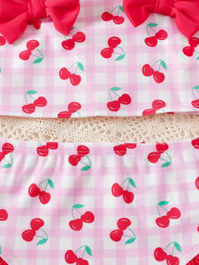 Ensemble de maillot de bain d'été pour bébé fille, imprimé fruits, avec débardeur à bretelles, nœud, short et chapeau de couleur assortie - ODM disponible - Product Image 4