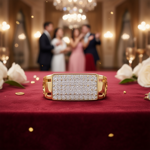 Bague de cocktail de luxe pour homme, plaquée or 24 carats, rectangulaire, pavée de zircone cubique, bijoux de mariage, de fiançailles et de soirée - Product Image 3