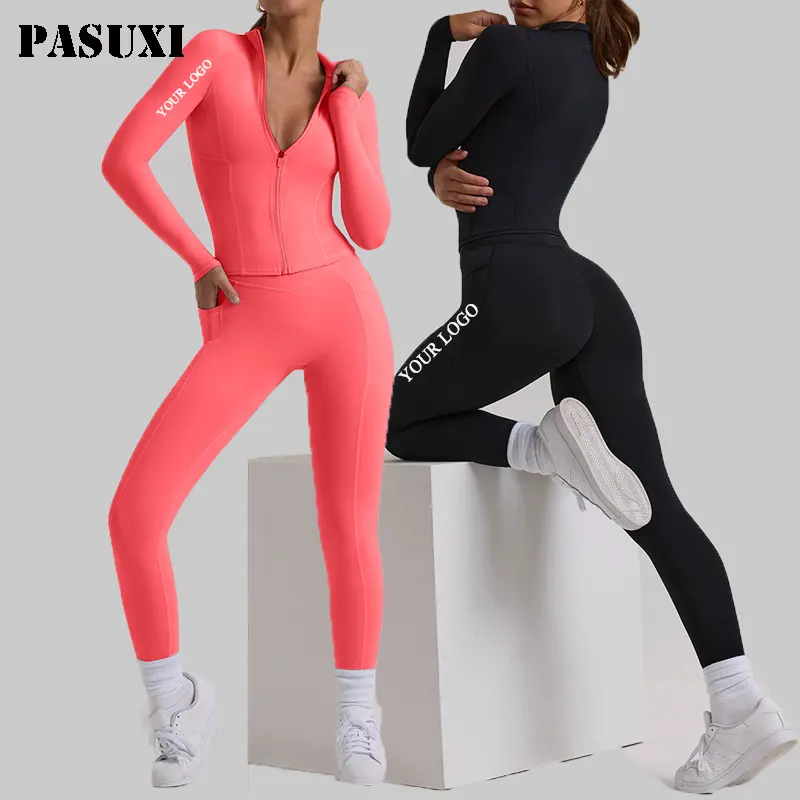 Vente en gros de vêtements PASUXI de fitness grande taille 2 pièces de luxe pour le sport fermeture éclair pour l'automne haut à manches longues ensemble pantalon de yoga pour femme