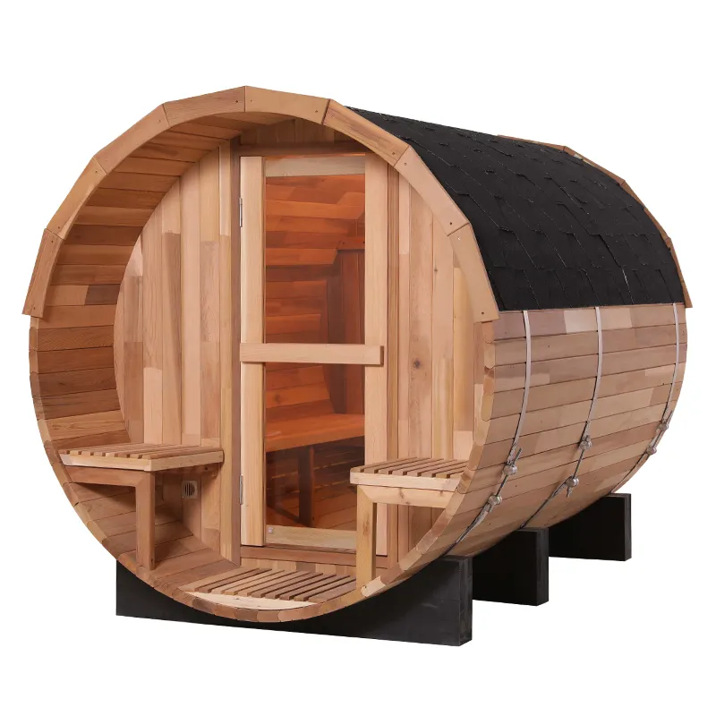 Outdoor Red Cedar Wooden Barrel Sauna With Wood Stove