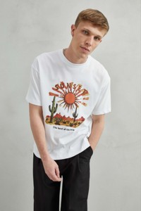 Unisex 100% oversize cotone bianco t-shirt Design "tramonto" con sole e Cactus stile deserto per gli uomini - Product Image 3
