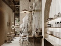 Rénovation intérieure de centre de beauté et de spa pour cheveux et ongles sur mesure avec zone d'exposition en pierre cintrée et aménagement commercial
