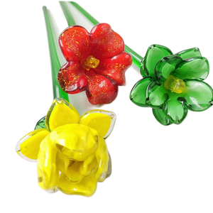 งานฝีมือแก้วเป่ามือรูปดอกไม้สีแดงเหลืองเขียว ประดับตกแต่งบ้าน - Product Image 1