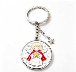 Porte-clés en métal émail rond avec pendentif étoile argenté, motif ange de Noël élite, accessoire cadeau - Product Image 2