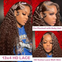 Peluca de Cabello Humano Brasileño Virgen 100% con Ondas Marrones, Encaje HD Transparente, Sin Pegamento, Pre-Desplumada para Mujer