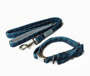 애완 동물 개 리드 칼라 하네스 가죽 끈 세트 애완 동물 방법 가죽 끈 개인화 된 격자 무늬 개 리드 및 리본과 칼라 - Product Image 3