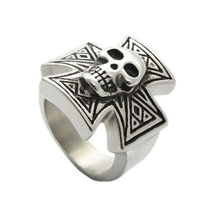 Skull <b>Ring</b> <b>Cross</b> Shape <b>Silver</b> Men's Punk Style Titanium Steel Jewelry Gift 26011 - Product Image 1
