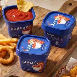 Envase cuadrado de salsa de tomate KARM de PP con tapa de 65g, logo impreso digitalmente, embalaje azul, vasos de plástico IML, vasos de PP reciclables - Product Image 6