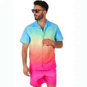 Amazon Hot Sale Casual Cotton Linen Comfortable Breathable Printed Resort Set Men's Shirt + Shorts Hawaii Suit