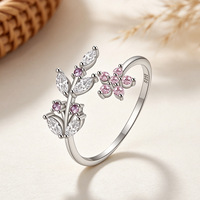 Bague ajustable empilable en argent sterling S925 non ternissant avec zircon, motif feuilles et fleurs, idéale pour la Saint-Valentin pour les couples