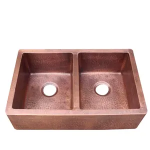 Tangan Hammered Tembaga Rumah Wastafel Lampu Dipalu Dapur Tembaga Wastafel dengan Double Bowl Desain