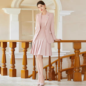 Vestido de falda de longitud media profesional <span class=keywords><strong>rosa</strong></span> con solapa con muescas para mujer, traje de cuello ajustado plisado, chaqueta de un solo botón Formal para OL - Product Image 3