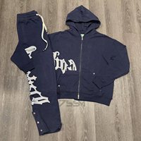 Produsen kustom 2 potong Streetwear Vintage Jogging Zip up Tracksuit tombol Patch bordir celana olahraga dan Set Hoodie