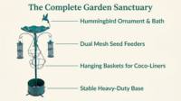 Station d'alimentation pour oiseaux à 4 voies en fer, avec bain pour oiseaux sur piétement, Bronze/Verdigris, Écologique, Résistant aux intempéries, Décoration de jardin, Jardinière suspendue pour oiseaux