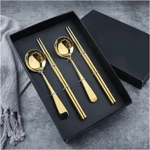 304 Stainless Steel Round Soup Spoon Korean Chopsticks And Spoon Set Silverware Gift Box