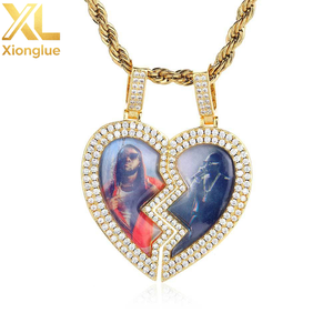 Collar con Colgante de Corazón Roto con Incrustaciones de Diamantes de Imitación, Joyería Fina Hip Hop, Chapado en Oro Blanco, Marco de Fotos Personalizado - Product Image 3