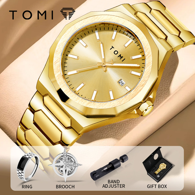 TOMI T302 Man Fashion 4 Piece Set Luminous Quartz Date Business Men's Watches Stainless Steel Band Ring Brooch Watch Set Gifts