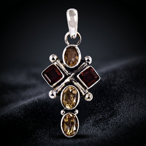Collar con colgante de cruz Art Palace con piedras de granate y citrino en aleación plateada antigua, estilo vintage, joyería unisex - Product Image 1