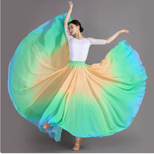 Falda de baile de color degradado elegante para mujer, faldas maxi de chifón con cintura elástica y dobladillo grande, estilo línea A, para baile de salón. - Product Image 2