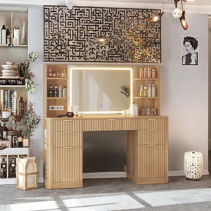 <span class=keywords><strong>Commode</strong></span> moderne en bois sur mesure avec panneau grillagé, prise murale à trois couleurs, lampe à changement de couleur, sèche-cheveux, produits pour bureaux - Product Image 2