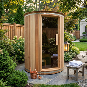 ห้องซาวน่ากลางแจ้งแบบดั้งเดิมสุดหรู สำหรับ 4 คน โครงสร้างไม้หลังคาอะคริลิก พร้อมเตา Harvia และระบบไฟ LED โครโมเธอราพี สำหรับสปาที่บ้าน - Product Image 1