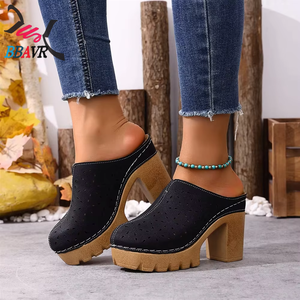 Zapatos de Tacón Grueso con Diseño Calado para Mujer, Talla Grande, Punta Redonda, Suela de PU Resistente, Estilo Casual, Sin Cordones - Product Image 3