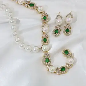 2pcs 3A Zircon Pearl Chain Pearl Sets Necklace Earring Wedding Bridal Jewelry Set For Women Gifts