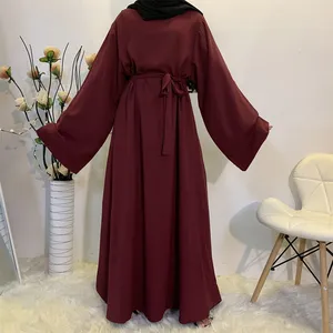 Kaftan renda sederhana Dubai Abaya gaun panjang pakaian Islami Muslim grosir mewah Abaya Turki sederhana untuk wanita poliester