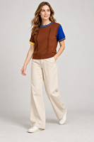 Pull en tricot color block pour femme, à manches courtes et col rond, T-shirts en tricot, Fabricant en gros de vêtements en tricot sur mesure