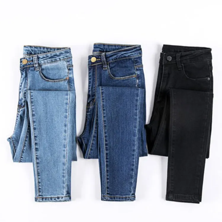 Benutzerdefinierte europäischen mode jeans weibliche denim hosen 3 farbe frauen hohe taille dünne jeans