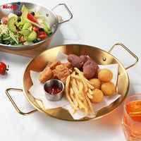 Wajan Paella Stainless Steel Emas Berkualitas Tinggi untuk Dapur Luar Ruangan Restoran, Piring Bulat untuk Memasak dan Menggoreng dengan Pegangan Ganda