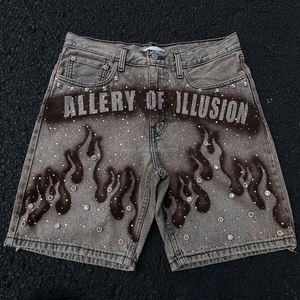 Pantalones cortos de mezclilla para <span class=keywords><strong>hombre</strong></span> con estampado de serigrafía de diamantes de imitación, cierre de cremallera regular, estilo holgado, ropa urbana para <span class=keywords><strong>hombre</strong></span> al por mayor - Product Image 1