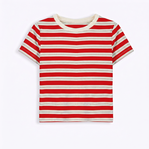 T-shirt en tricot à manches courtes et col rond rayé rouge et crème pour femme MERITORIOUS INTERNATIONAL, style décontracté, toutes saisons - Product Image 1