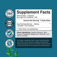 Capsules de Palmier Nain (Saw Palmetto) 500mg Marque Blanche OEM pour la Santé de la Prostate et le Soutien Urinaire, Complément Herbal Non-OGM, 60 Gélules, Certifié GMP