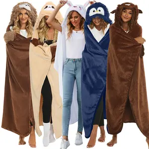 Free size Cozy Hooded Blanket Wearable Blanket With Sleeves animal hooded winter fleece blanket