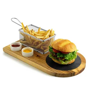 Plateau de service Glory Burger en bois d'acacia avec plats français pour hamburger sec Assiettes à steak en bois avec panier à friture et bol à tremper