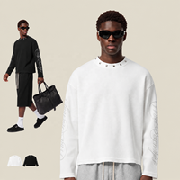 T-shirt personnalisé à manches longues en maille gaufrée 260 GSM pour homme, coupe oversize, style streetwear, col clouté vieilli, imprimé graphique DTG