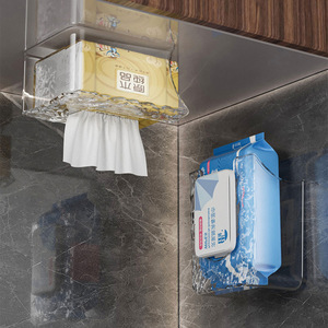 Caja de pañuelos transparente para montar en la pared, soporte para toallitas húmedas, sin necesidad de perforar, organizador de almacenamiento para el baño, forma rectangular - Product Image 3