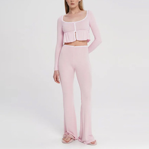 2 Piece Rib Lace Trim Women's Pajama Set Custom Logo Winter Cotton <strong>Crop</strong> Top Pants Women's <strong>Pyjamas</strong> with Large Neck Sexy and Soft - Product Image 5